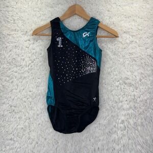 GK Elite Gymnastics Leotard Girls Teal Black Rhinestone Sparkle Athletic Wear